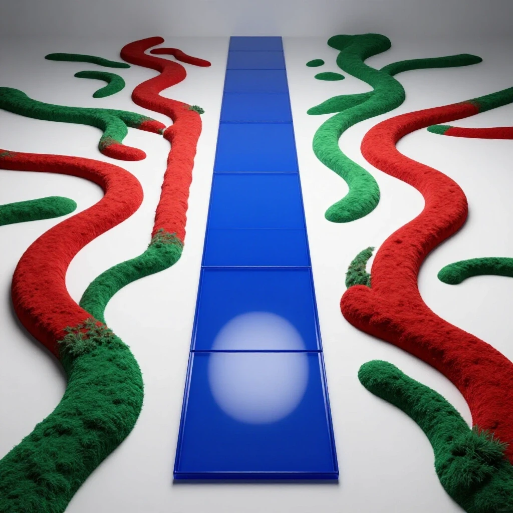 Glossy blue central pathway illuminated in bright white, with twisting crimson and green side paths branching into shadow.