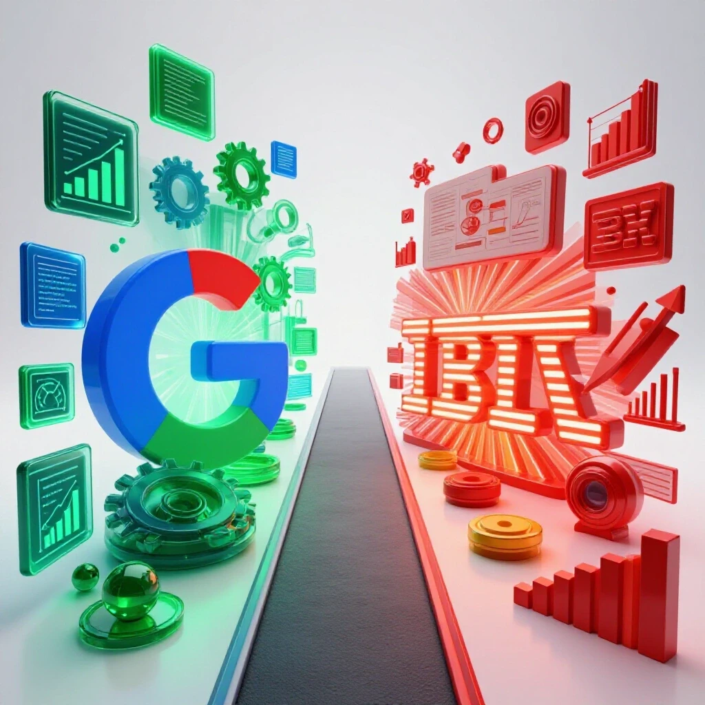 Split pathway with data icons emerging from a glowing Google logo and analytical tools beside an illuminated IBM emblem.
