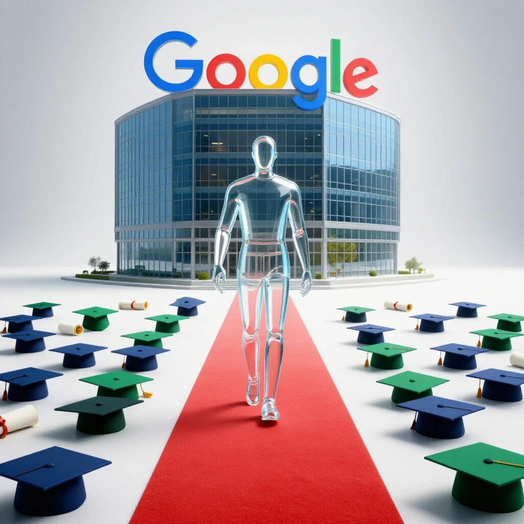 Symbolic figure stepping from discarded diplomas onto a radiant path leading to a modern Google office