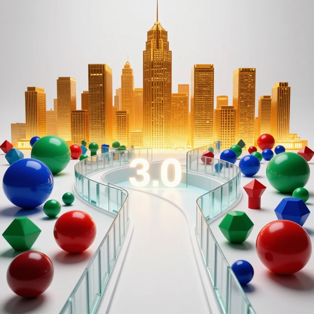 A vivid pathway split by a glowing transparent barrier marked 3.0, with candidates facing a modern office skyline beyond.