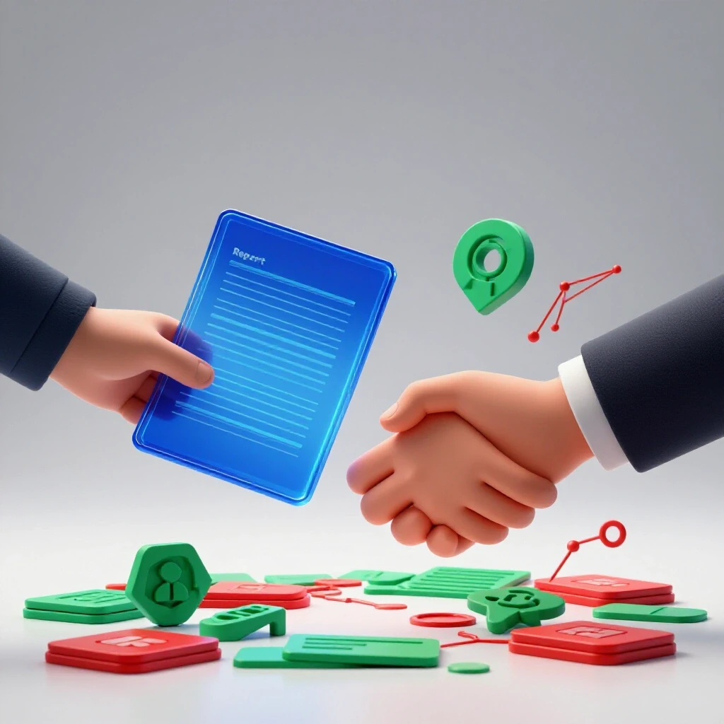 Split scene of a glowing report card and a vibrant networking handshake with bold colors on a luminous background.