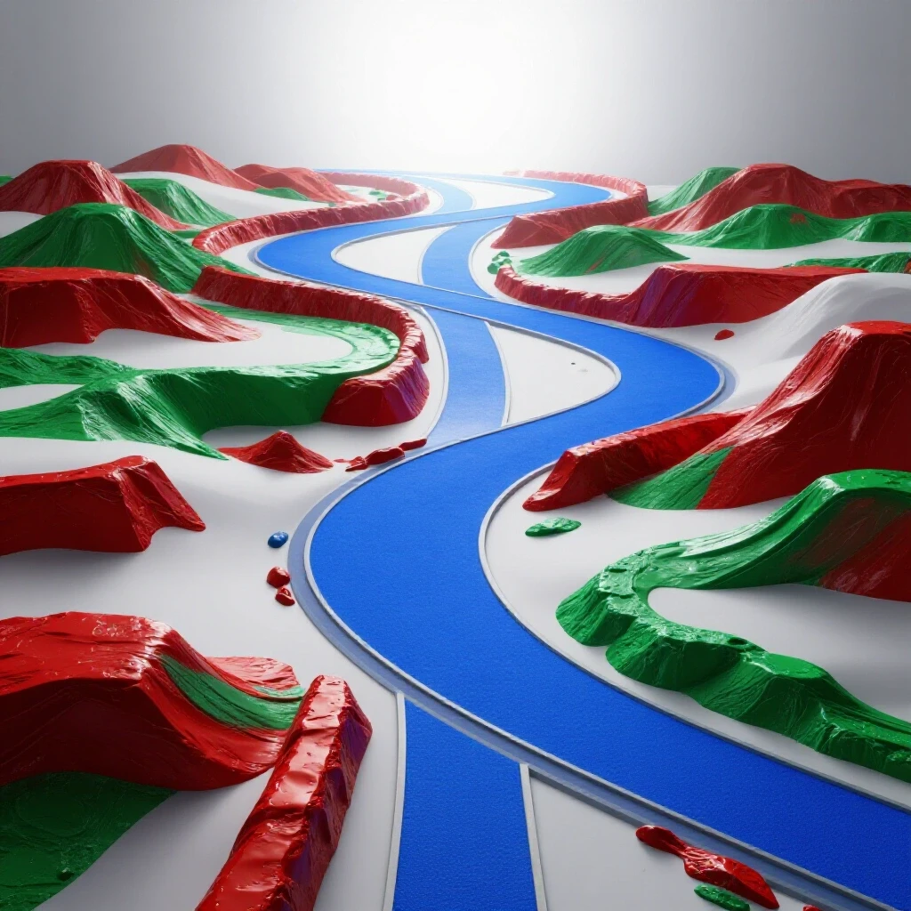 A winding, vibrant-colored path with obstacles leads upward toward a bright illuminated horizon, symbolizing overcoming mistakes.