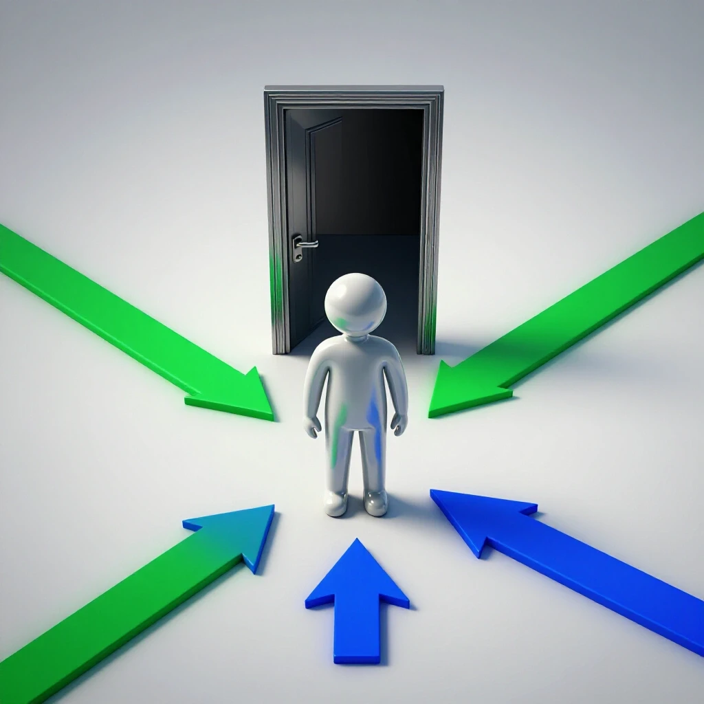 Glossy stylized figure at a crossroads, leaving a closed door and heading toward a brightly lit open path of opportunity.