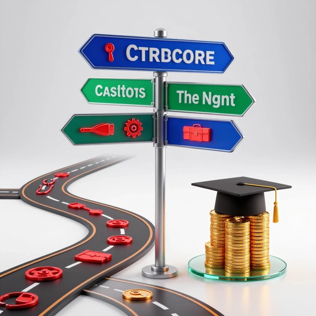 Colorful crossroads sign with paths leading to a gold graduation cap on coins and career symbols, on a bright background.
