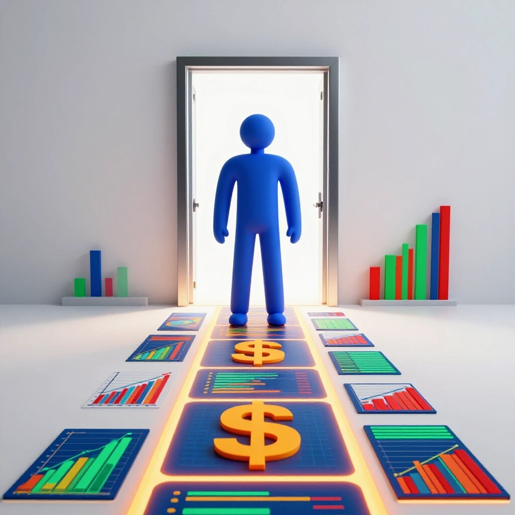 A confident figure stands before a glowing path of data charts and dollar signs leading to a bright doorway.