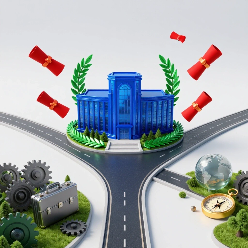 A crossroads with one path leading to a bright university building, diplomas, and laurels, the other to diverse career icons on a luminous background.