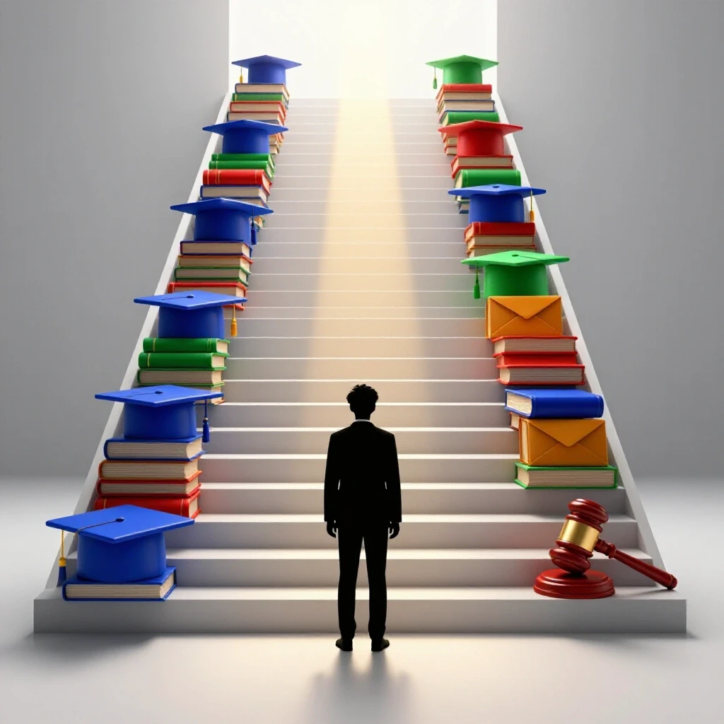A grand staircase with vivid academic symbols on each step and a glowing light at the top, symbolizing grade appeal.