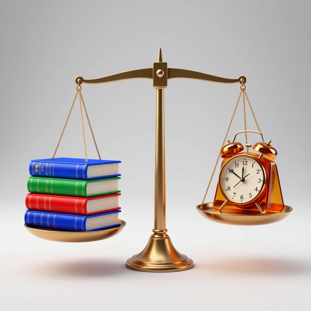 Balancing scale with colorful academic books on one side and a shiny clock on the other, set in a bright studio.