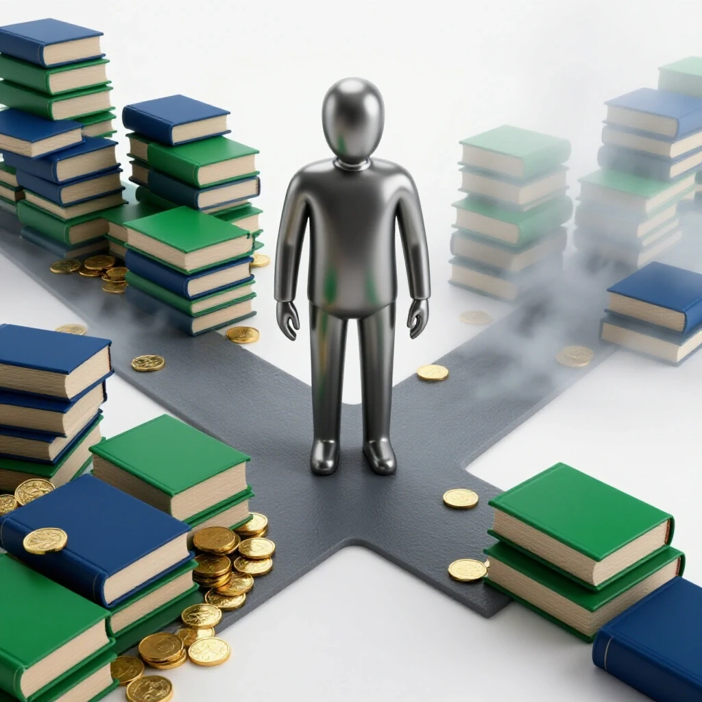 A metallic figure stands at a crossroads where one path leads to stacks of books and coins and the other fades into foggy uncertainty, set against a bright, clean background.