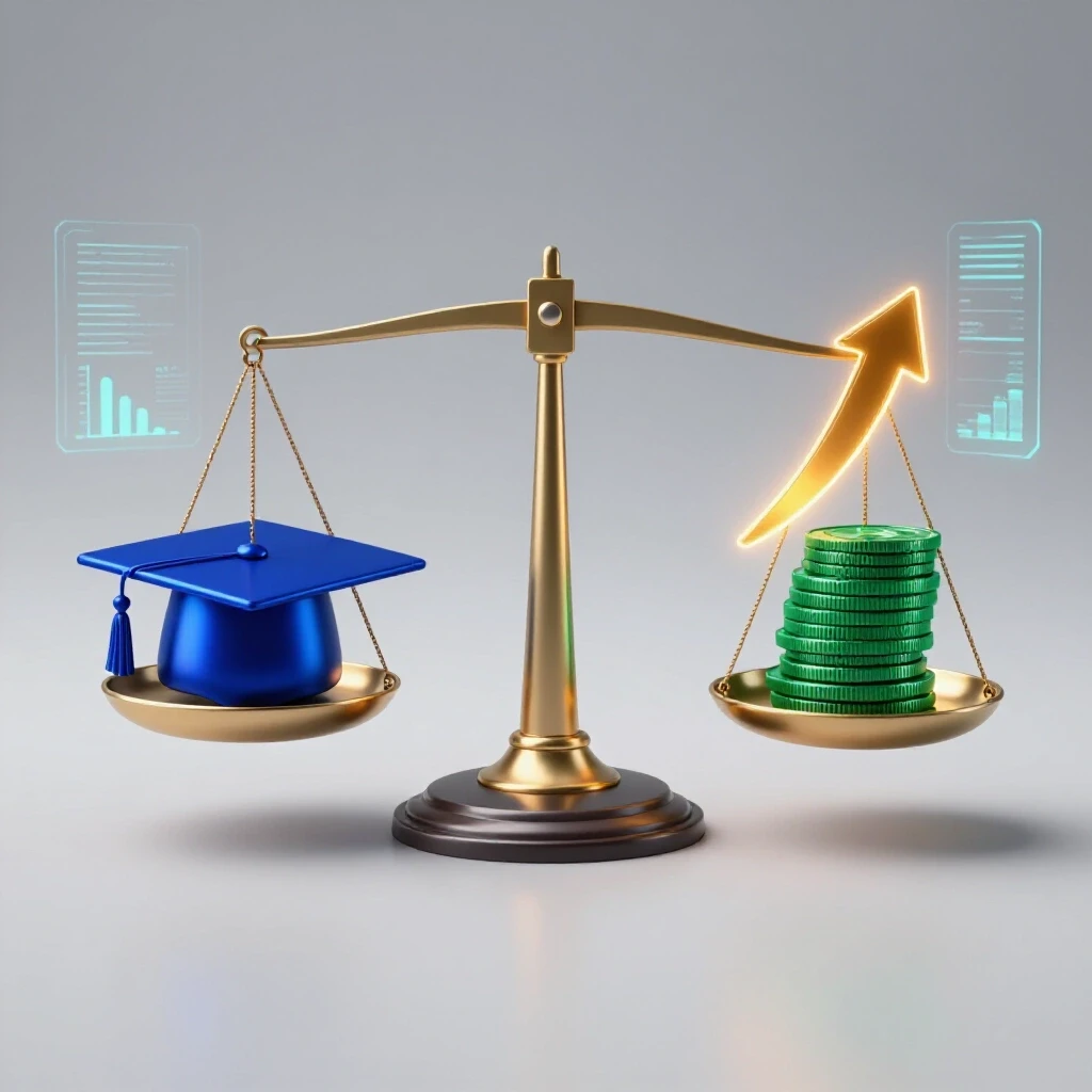 A balanced scale with a blue graduation cap opposite green coins and an upward arrow, set against glowing data charts.