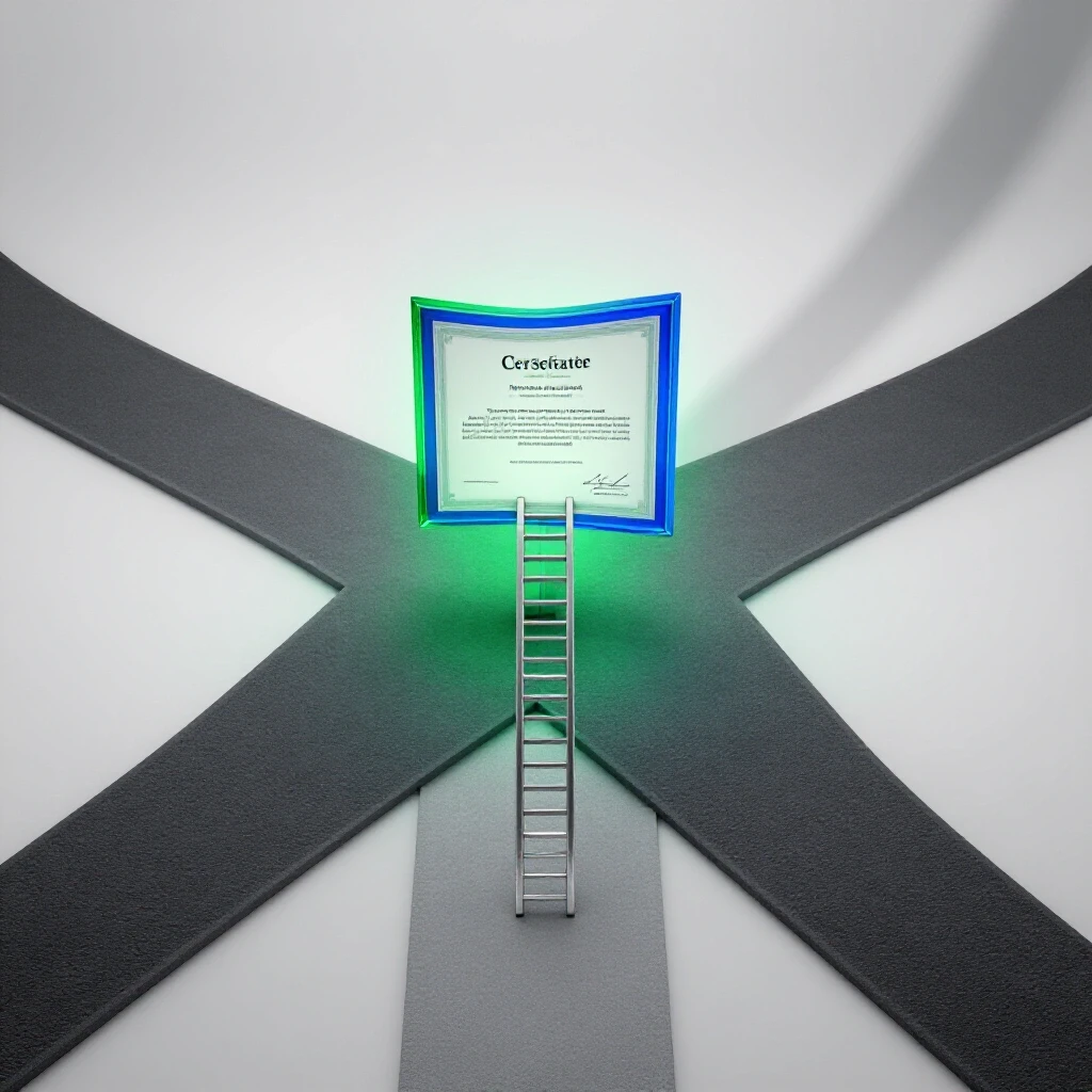 A crossroads with one path leading to a glowing certificate and career ladder, the other fading into uncertainty