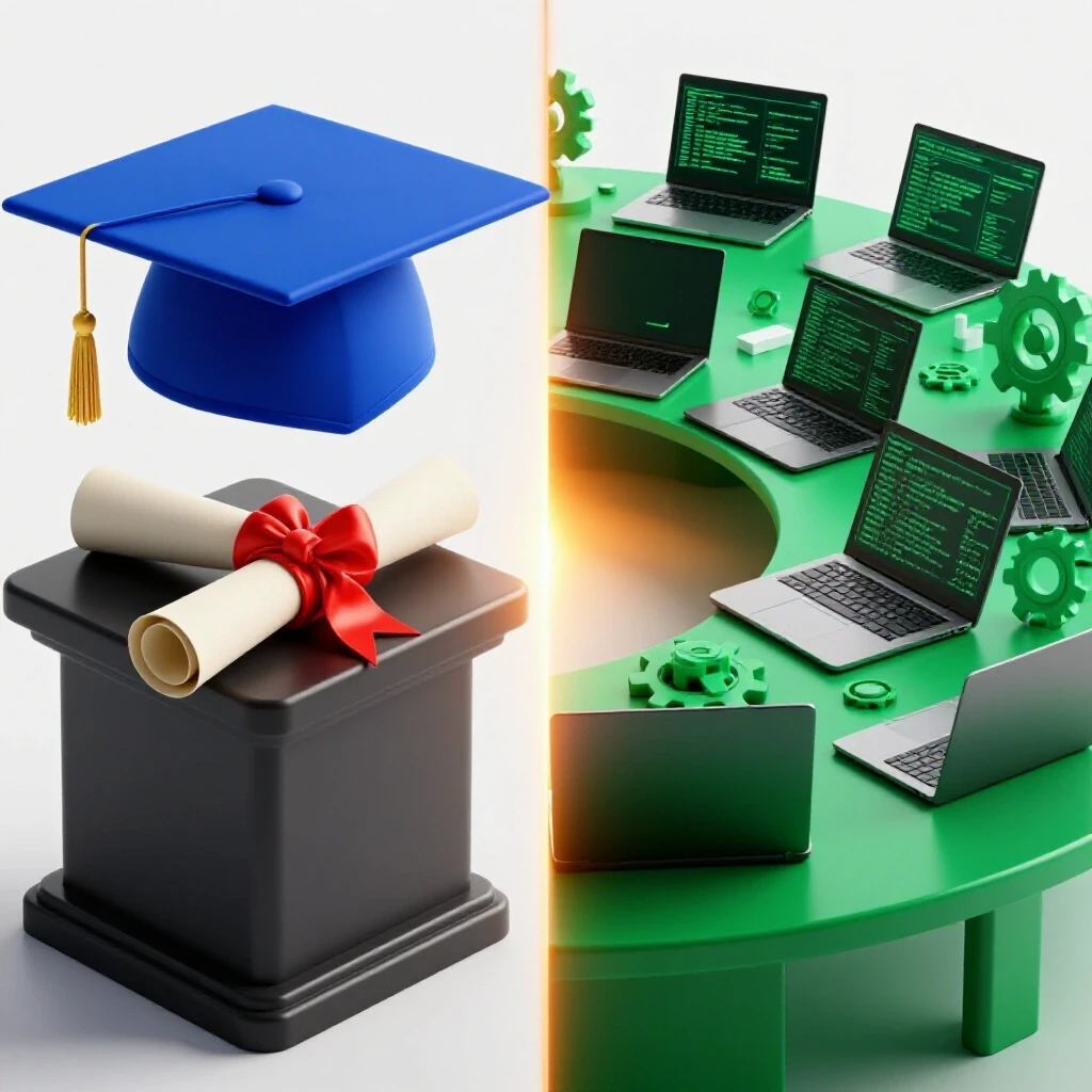 Split image showing a graduation cap with certificate on one side and collaborative laptops with tech symbols on the other, connected by a luminous pathway on a brilliant white background.