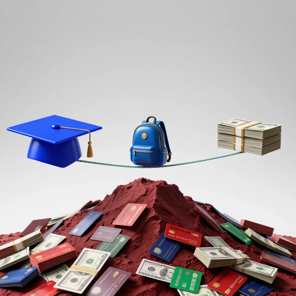 A graduation cap and a stack of cash connected by a tightrope, with a symbolic student figure balancing above a mountain of debt, all on a bright, clean background.