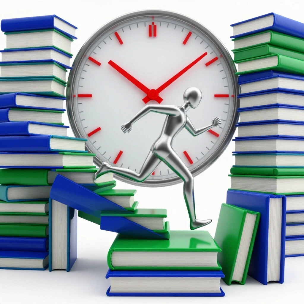 Abstract figure sprinting up oversized glossy books stairs with a vivid clock in a bright studio scene