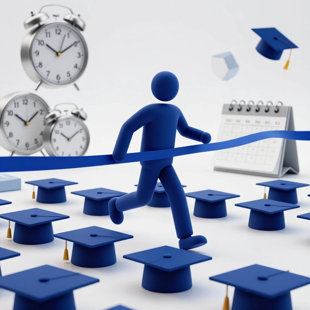 A bold scene of graduation caps forming a finish line, abstract student crossing, with blurred clocks and calendars in the bright background.