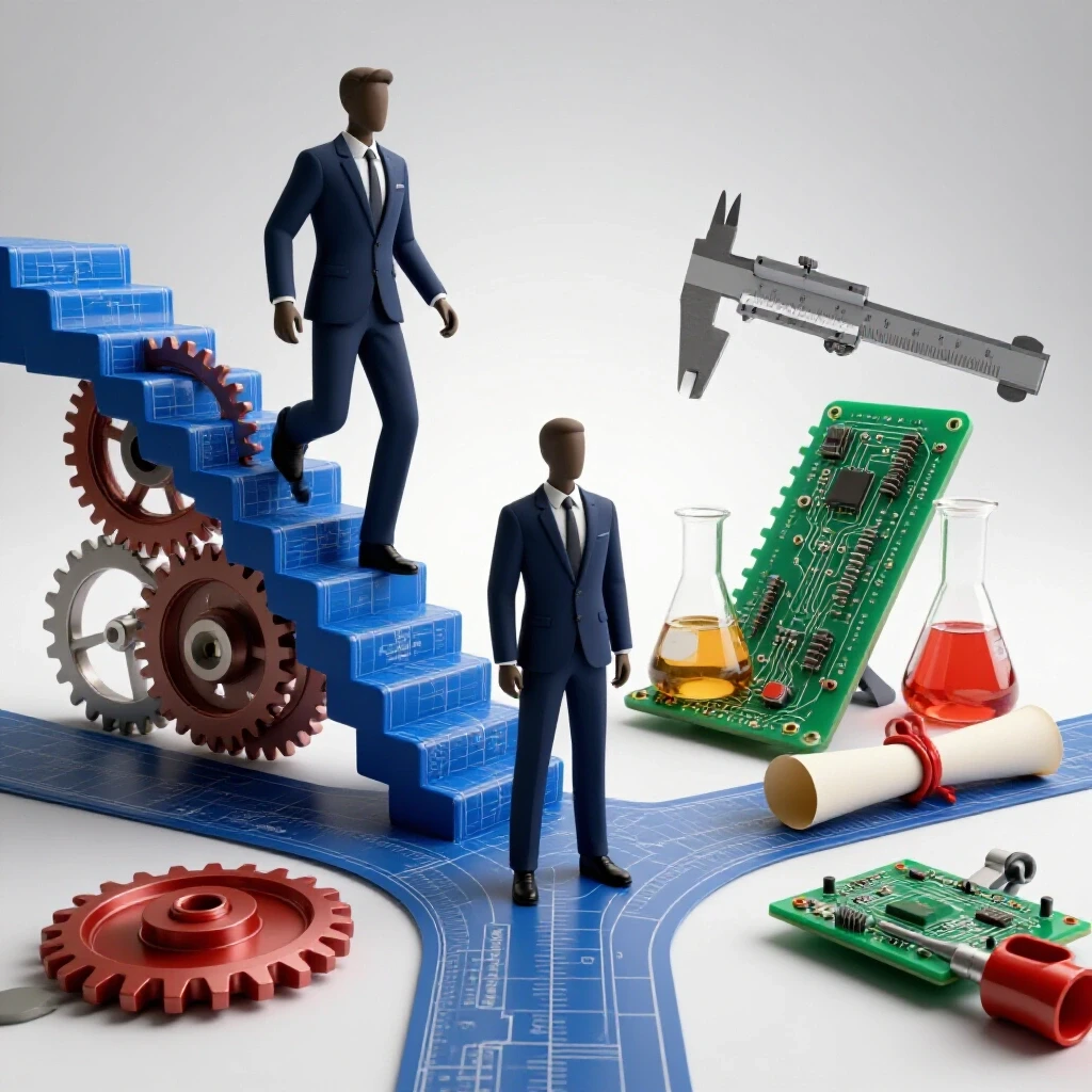Split scene of a figure climbing blueprint stairs with gears and another at a crossroads with engineering tools and diploma scrolls.
