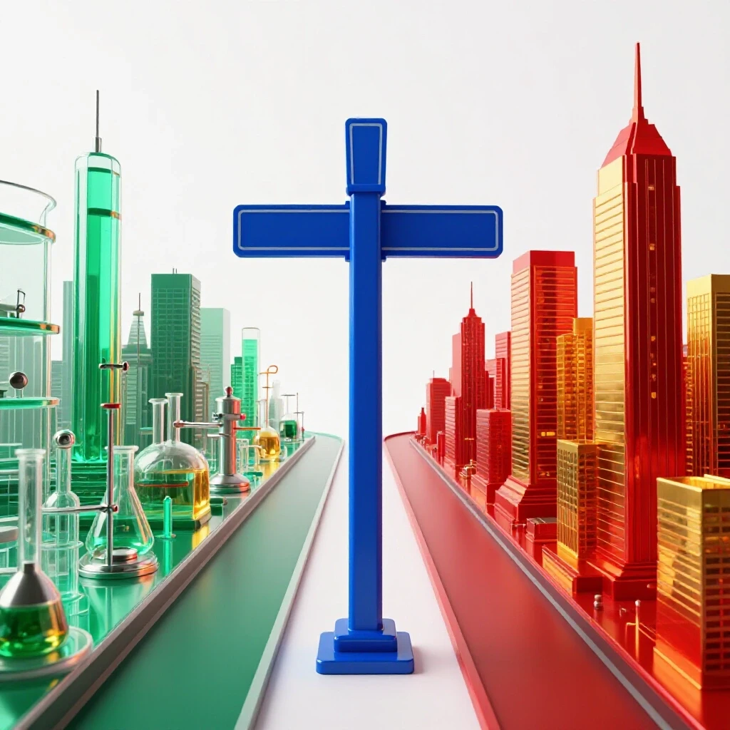 A crossroads signpost splits toward a glowing laboratory on one side and a vibrant city skyline on the other, symbolizing the choice between science academia and diverse career opportunities.