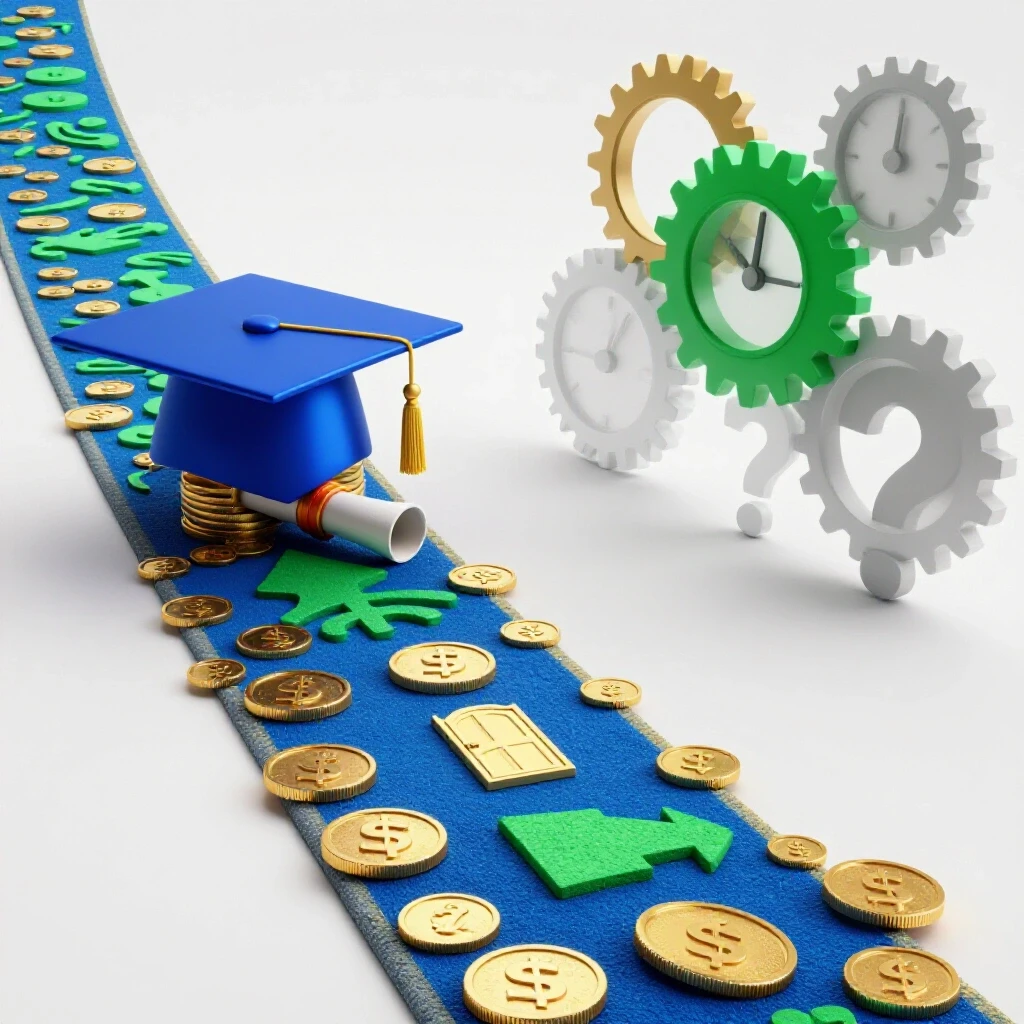 Split scene with graduation cap, diploma, and coins on a bright path, subtle gears and clocks in background shadows.