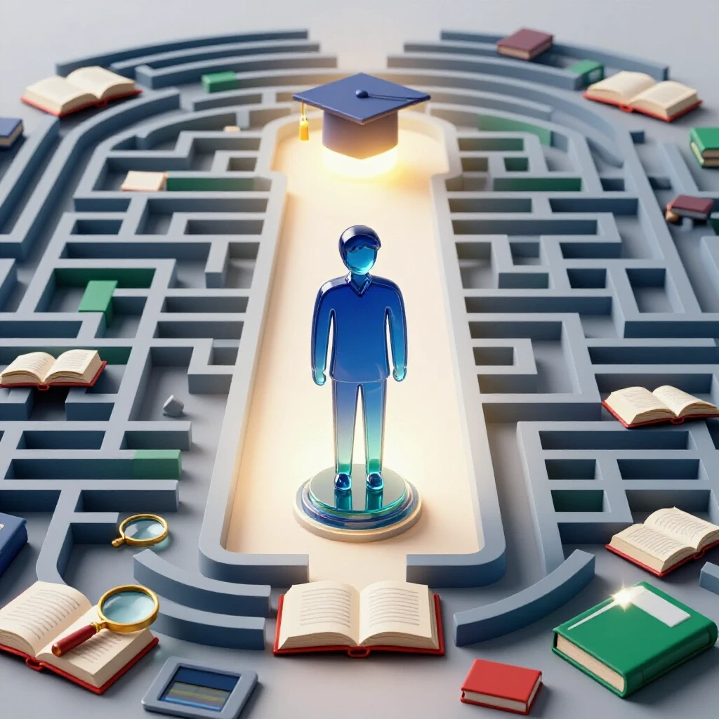 A vibrant maze of open books and research tools leads to a glowing graduation cap on a bright background.