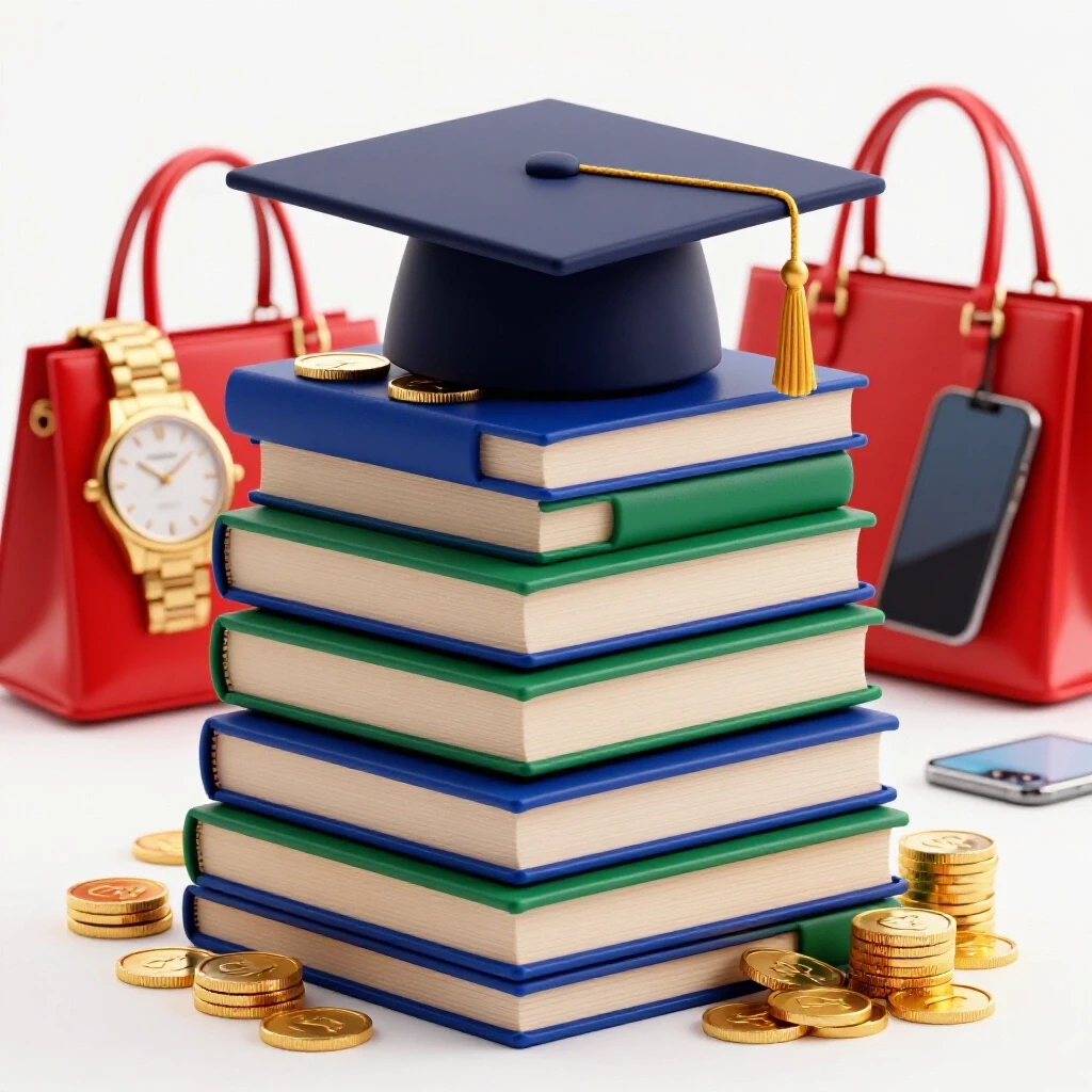 Stack of coins and textbooks topped with a graduation cap, surrounded by blurred luxury items, illustrating financial discipline.
