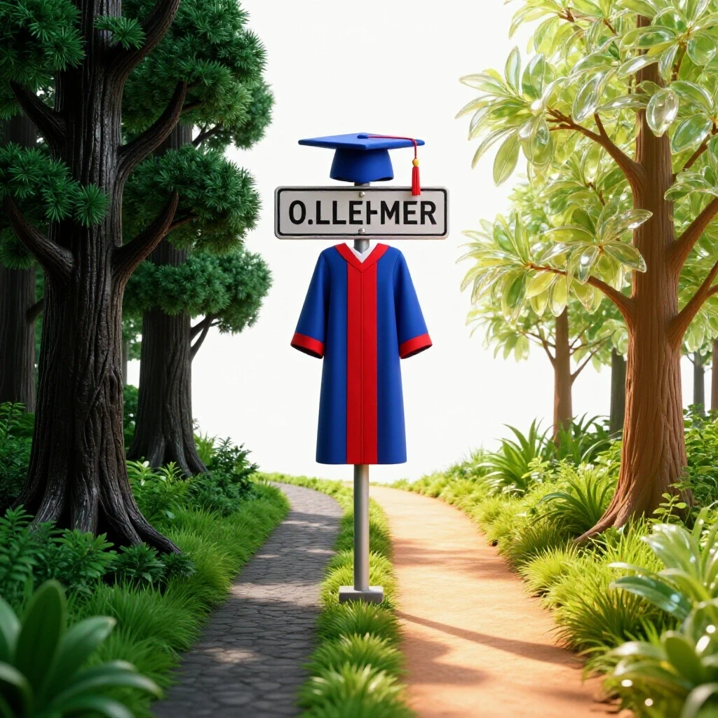 A graduate cap and gown stands at a crossroads between a dark forest and a sunlit path, symbolizing burnout versus well-being.
