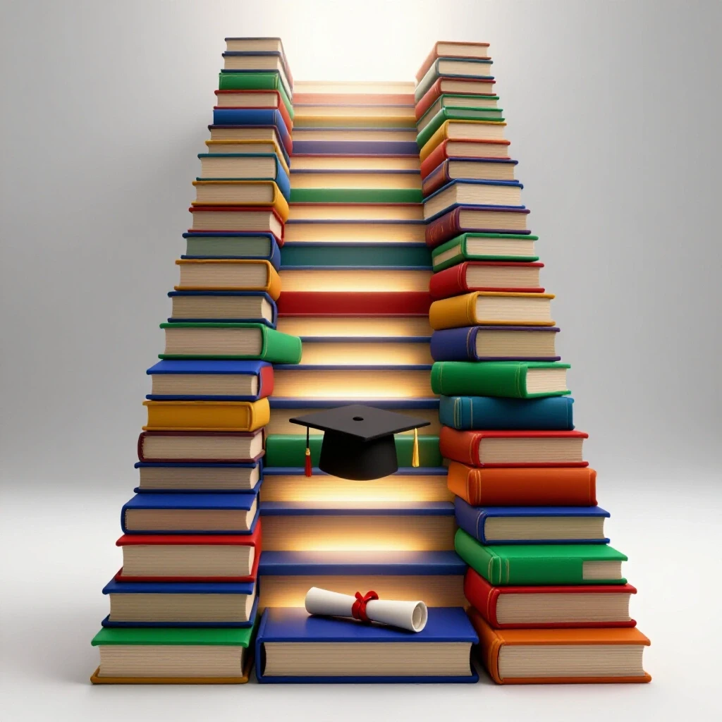 Stack of brightly colored books forms a glowing staircase ascending into radiant light, symbolizing fellowship opportunities.