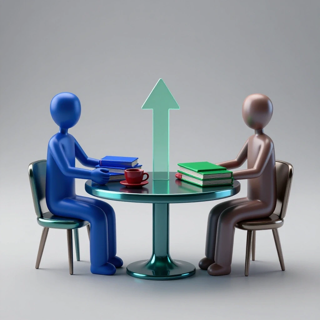 Two stylized figures connect over books and coffee, their shadows forming upward arrows symbolizing career growth.