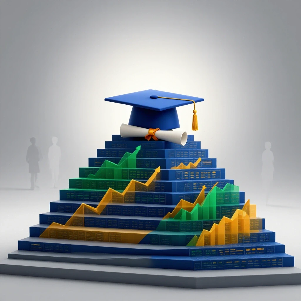 A staircase of colorful data charts rises toward a glowing horizon, with a graduation cap and diploma at the summit and shadows of fading debt below.
