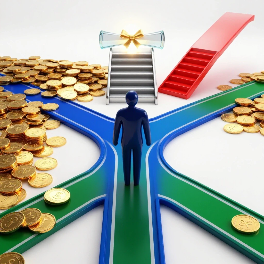 At a crossroads, a stylized figure stands choosing between a glowing diploma on stairs and a pile of shining gold coins.