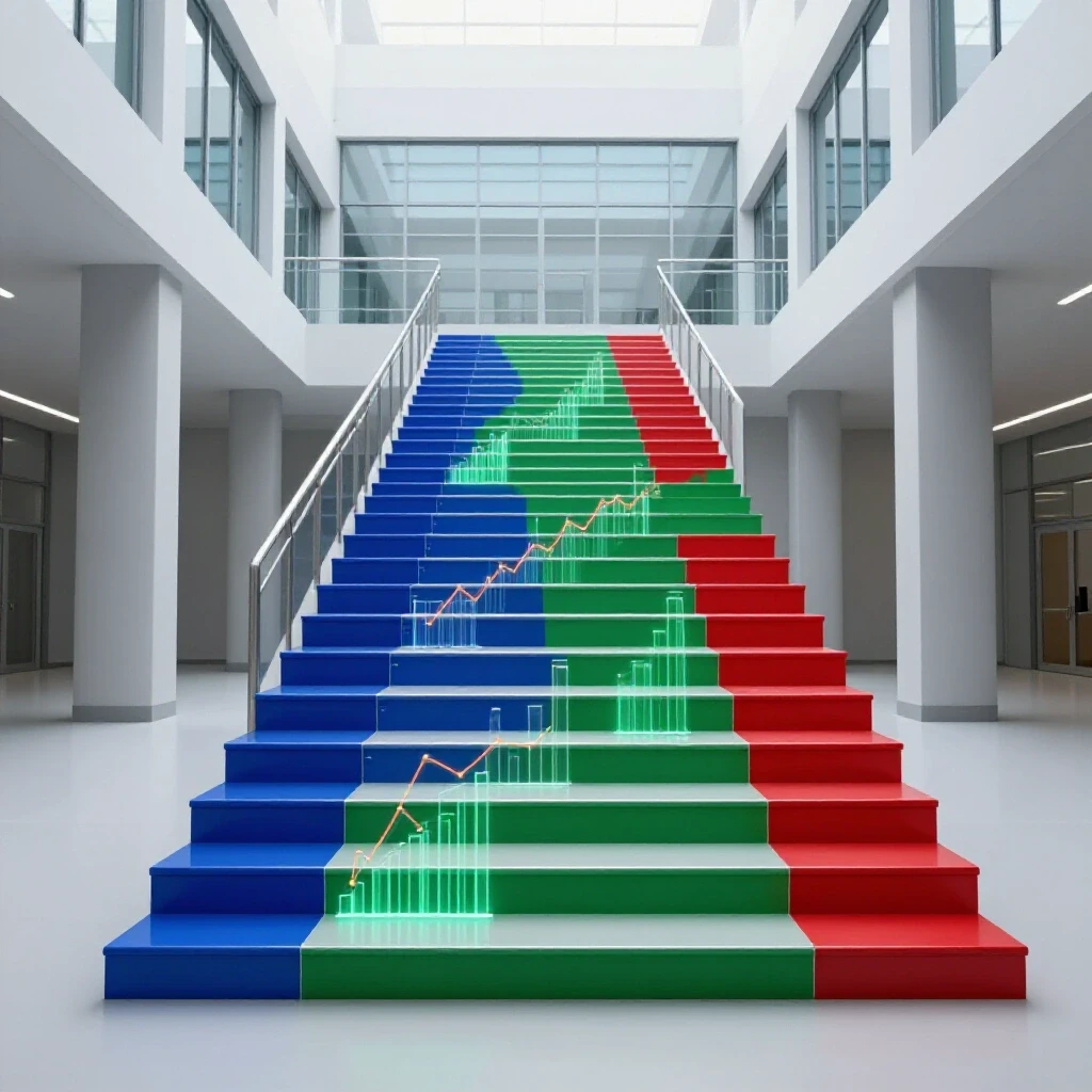 A vibrant staircase of glowing data charts leads upward to a bright academic building, evoking educational progress.