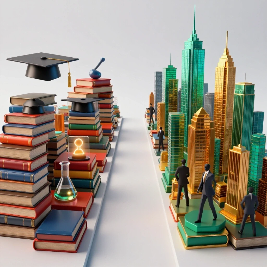 Split pathway shows academic symbols on one side and vibrant cityscape with professionals on the other, contrasting visually.