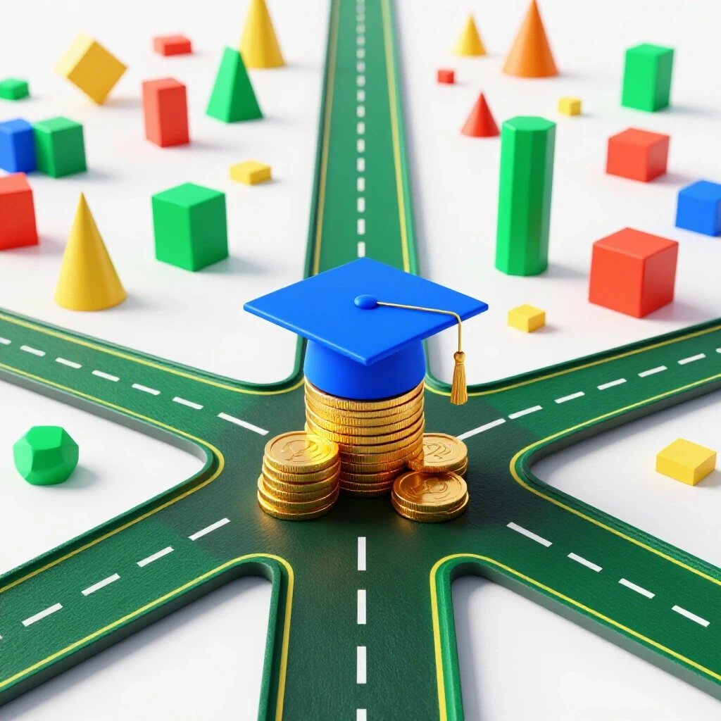 Crossroads with a glowing graduation cap on coins facing an open road of colorful opportunities