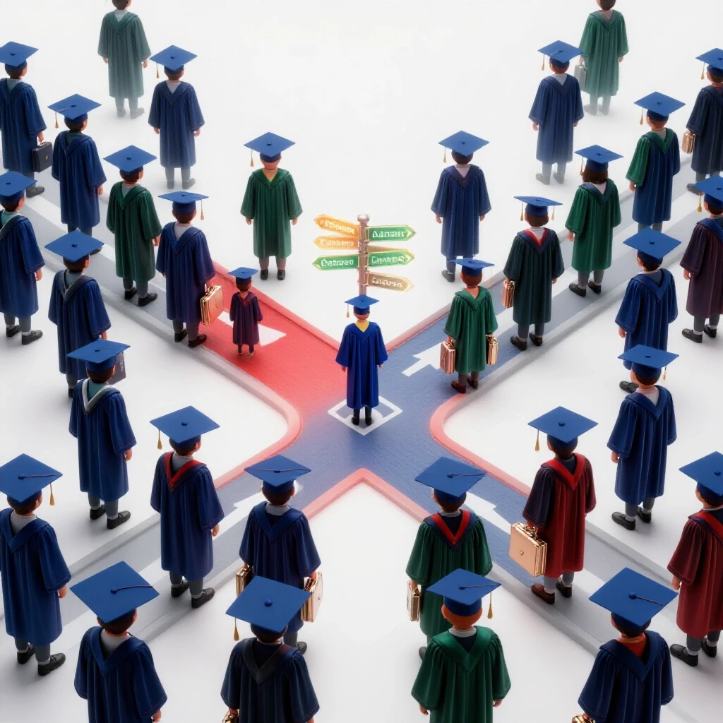 Caps and gowns at a crossroads, with one path symbolizing opportunity and the other fading into uncertainty.