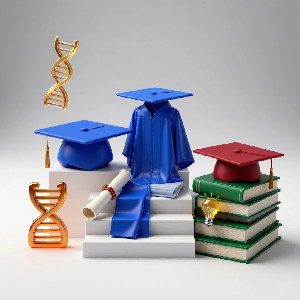 Split staircase with graduation cap, gown, diploma on one side and research books, symbols on other, illuminated on white background.