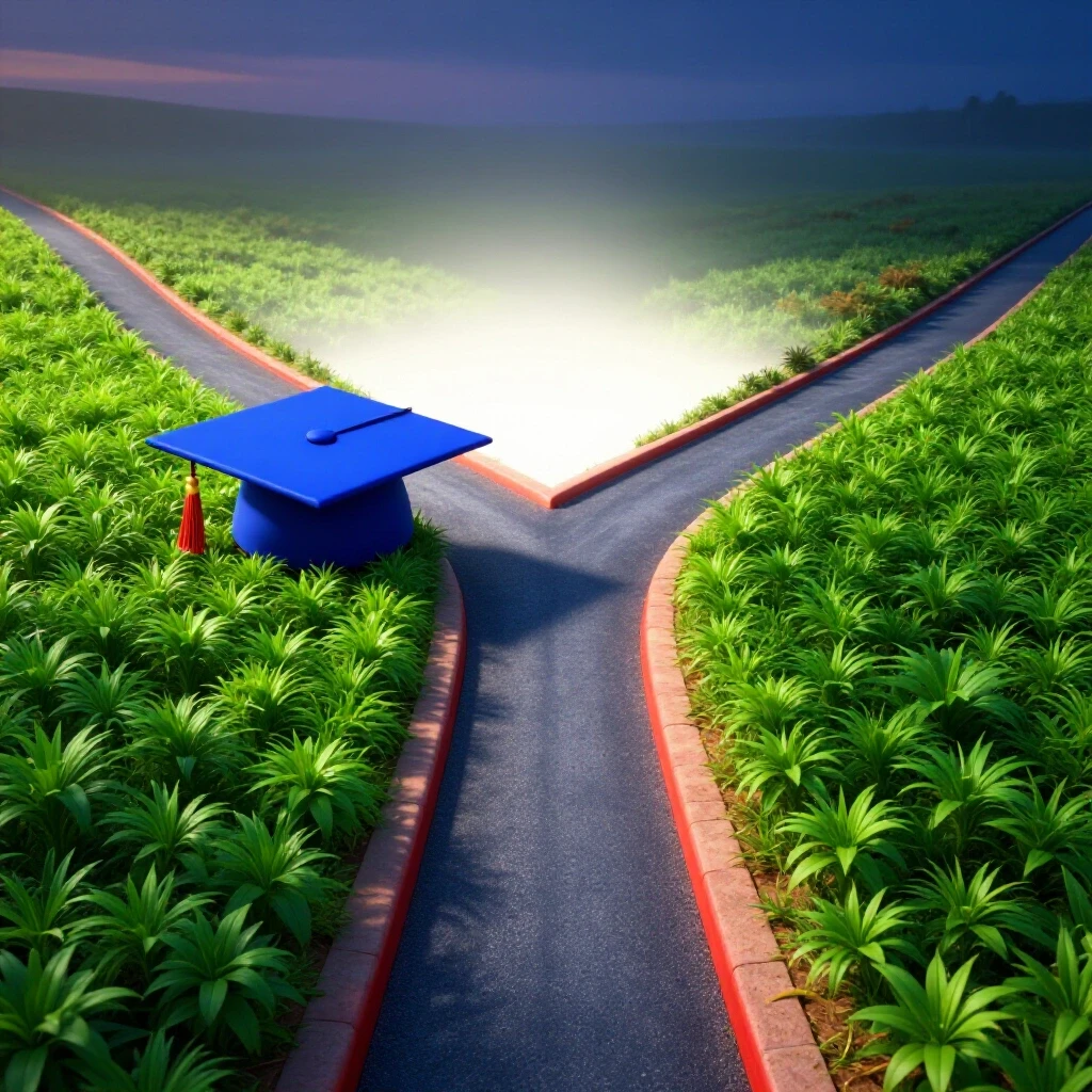 A forked pathway featuring a graduation cap at the center, one path leading to bright greenery, the other to shadowy uncertainty.
