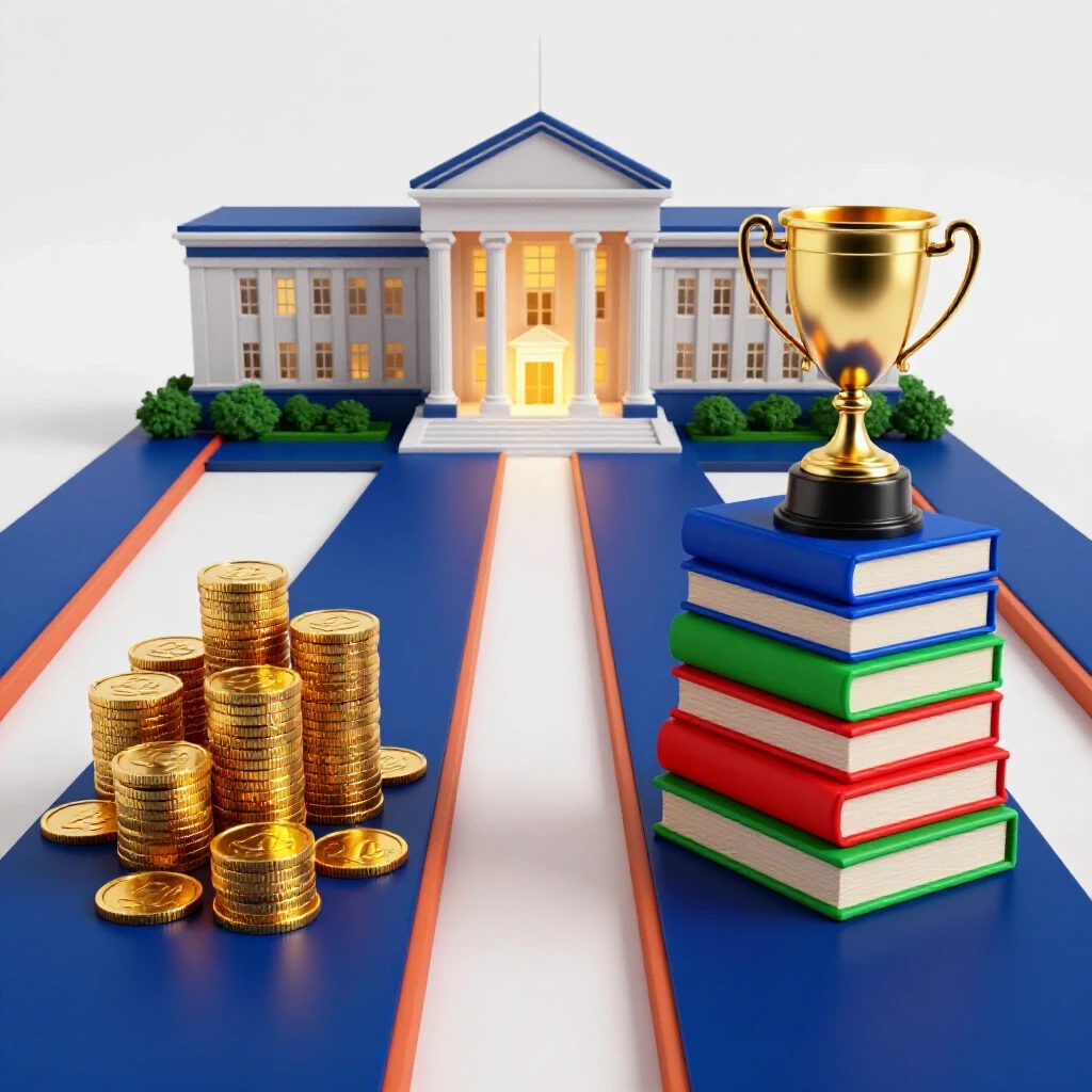 Split path scene with stacks of gold coins on one side and a trophy on books on the other, both leading to a luminous academic building.