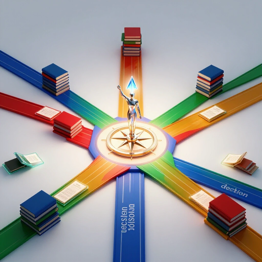 A vivid, high-contrast scene showing a metallic compass at the center of branching pathways leading to colorful stacks of books and glowing grant documents.