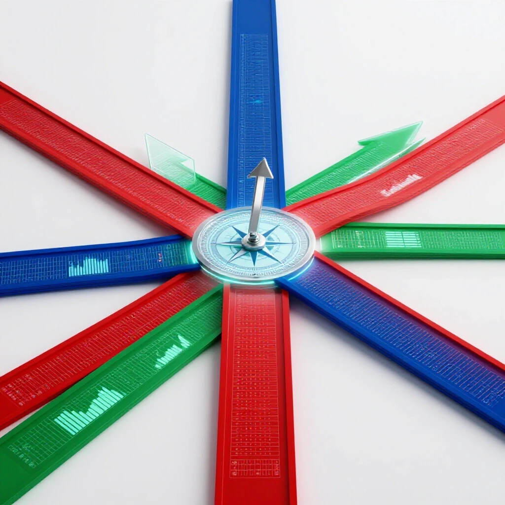 Crossroads of upward-leading test sheets with glowing data charts and a metallic compass on a bright background.