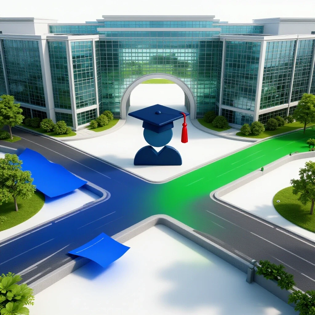 A crossroads with a dissolving exam paper on one path and a glowing campus archway on the other, symbolizing GRE waiver opportunities.