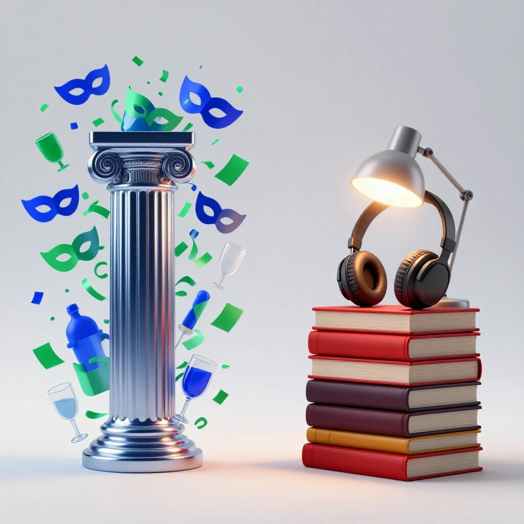 Split-scene with vibrant Greek column and party items on one side, study desk with books and lamp on the other
