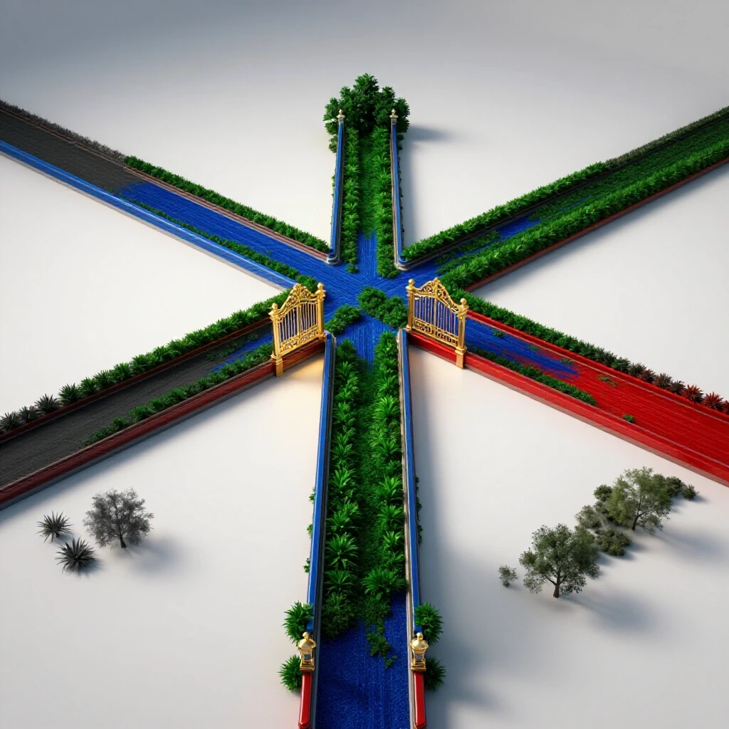 Crossroads leading to a brightly lit, lush green pathway with open gates, contrasted by shadowed side paths.
