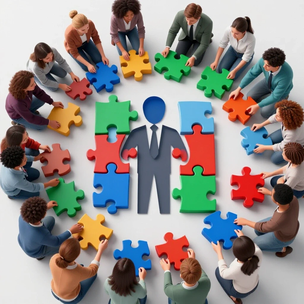 A group of students assembling colorful puzzle pieces into a professional's silhouette on a bright background.