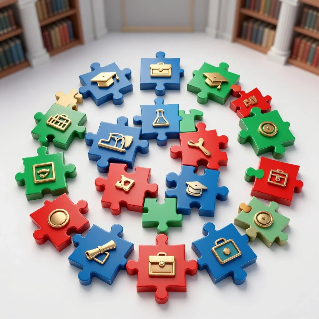 Colorful degree icon puzzle pieces assembled on a bright white surface symbolizing collaborative learning.