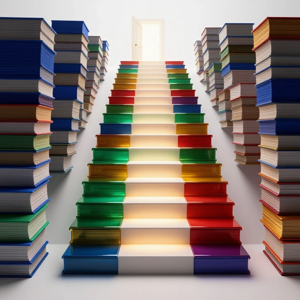 Stacked glowing academic papers form a vibrant staircase leading to bright opportunity doors above.