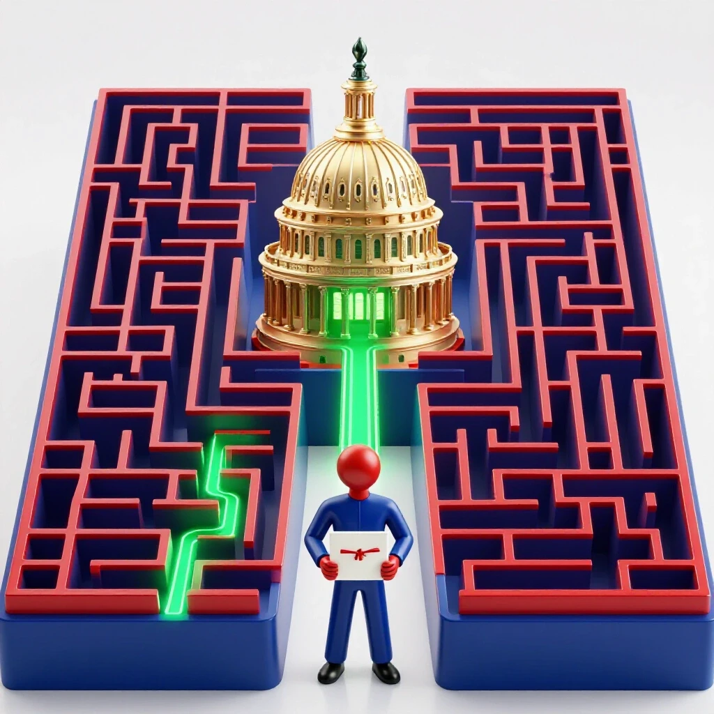 Abstract figure with associate degree diploma stands at a maze shaped like the US Capitol, glowing upward path highlighted.