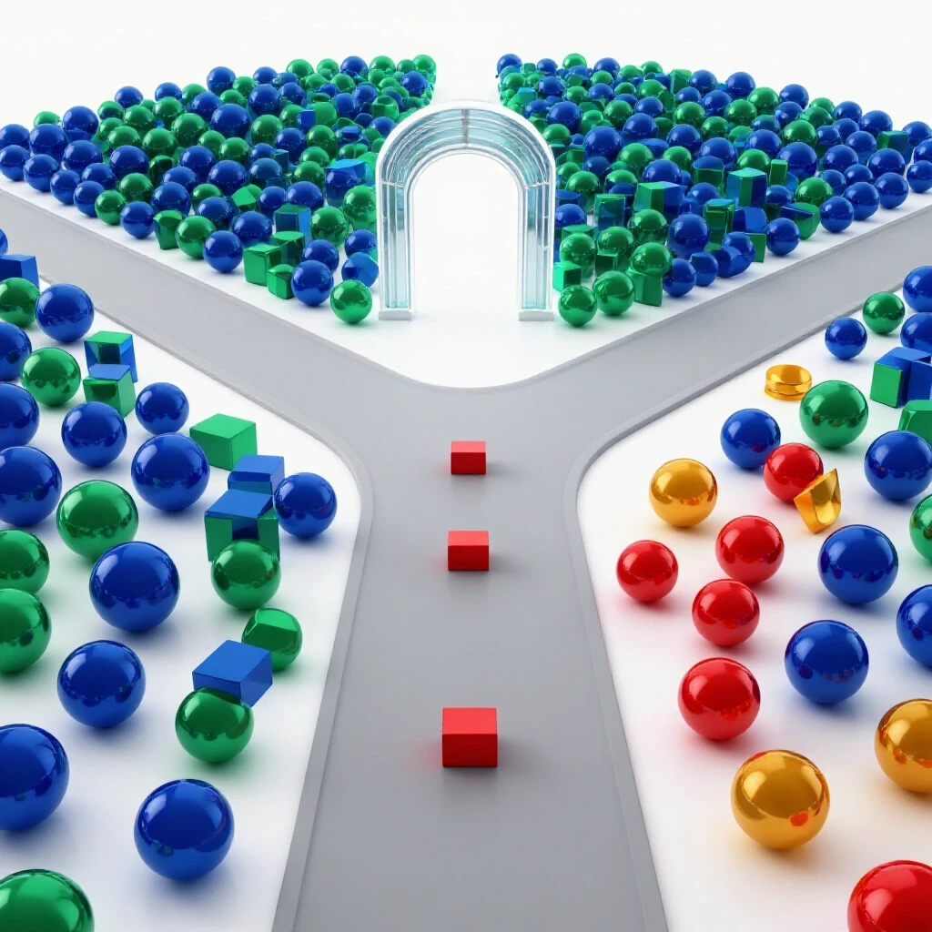 Dynamic crossroads with two contrasting pathways leading to a luminous gateway, one crowded and one elevated with fewer tokens.
