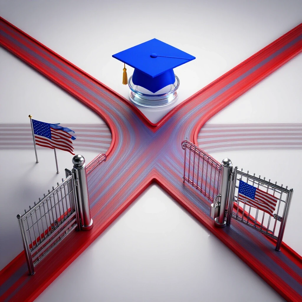 At a crossroads, one path leads to a glowing blue graduation cap, the other to a locked US-themed gate.