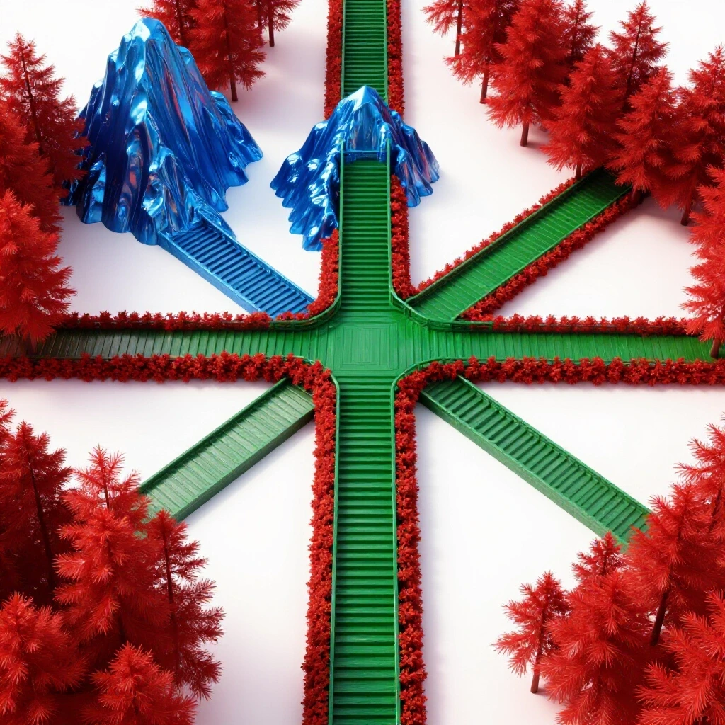 A bright crossroads scene with branching paths: a steep blue mountain, red forest, and green staircase diverging from the center.