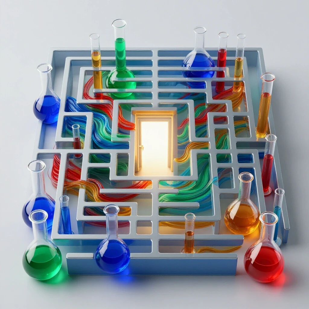 A maze of vibrant laboratory glassware with swirling reactions and a glowing exit door, all on a luminous background.