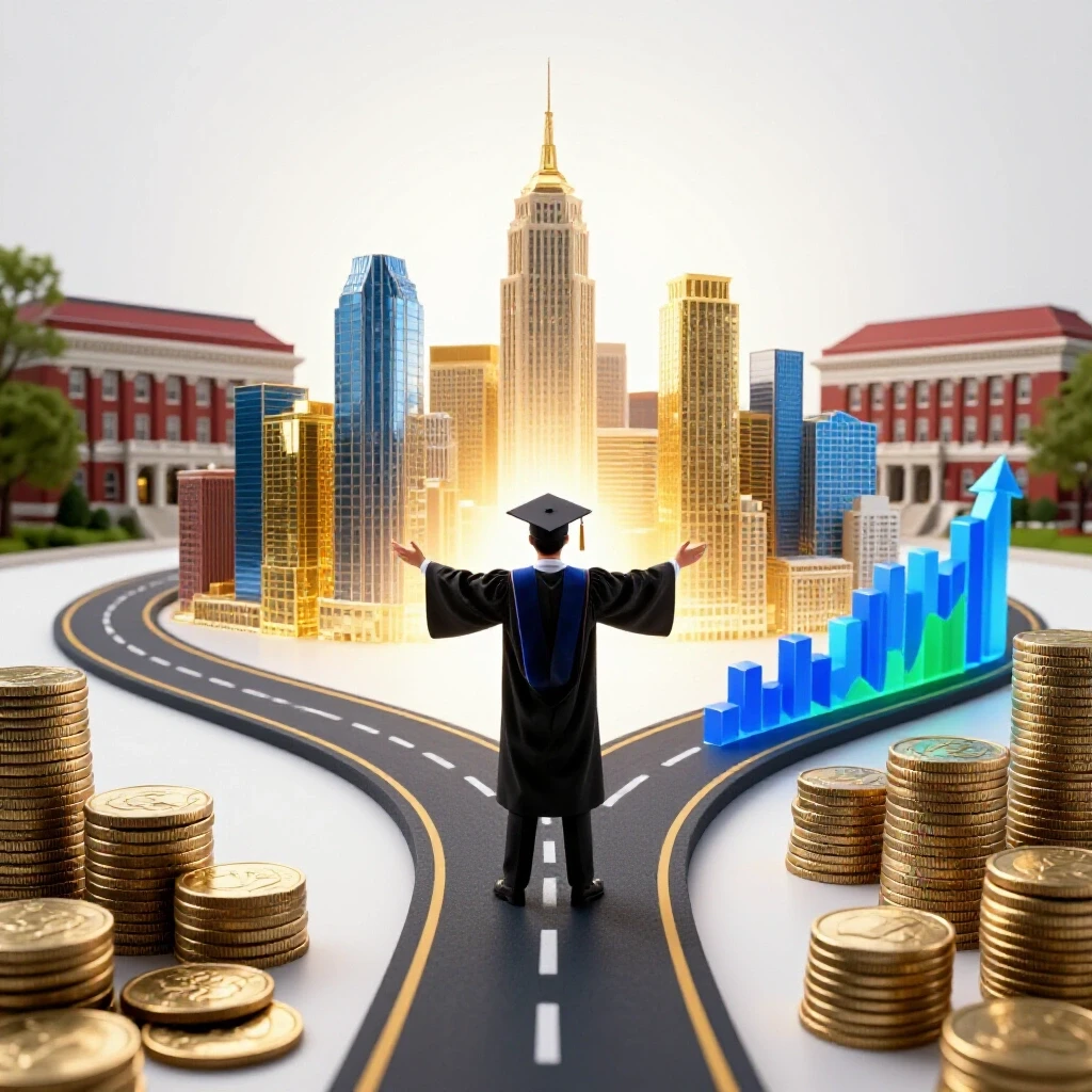 Graduate at a crossroads choosing between a golden city skyline and financial success, with Harvard campus behind.
